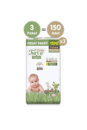 Baby Turco Doğadan Süper Fırsat Paketi Pofuduk Bebek Bezi 1 Numara Newborn 150 Adet
