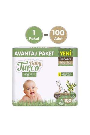 Baby Turco Doğadan Avantaj Paketi Pofuduk Bebek Bezi 4 Numara Maxi 100 Adet