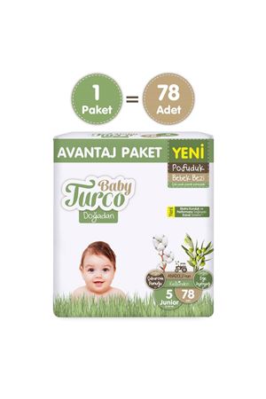 Baby Turco Doğadan Avantaj Paketi Pofuduk Bebek Bezi 5 Numara Junior 78 Adet