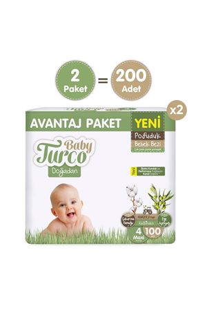 Baby Turco Doğadan Süper Avantaj Paketi Pofuduk Bebek Bezi 4 Numara Maxi 200 Adet