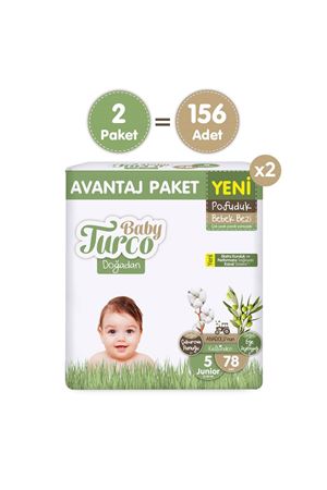 Baby Turco Doğadan Süper Avantaj Paketi Pofuduk Bebek Bezi 5 Numara Junior 156 Adet