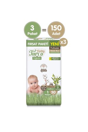 Baby Turco Doğadan Süper Fırsat Paketi Pofuduk Bebek Bezi 1 Numara Newborn 150 Adet